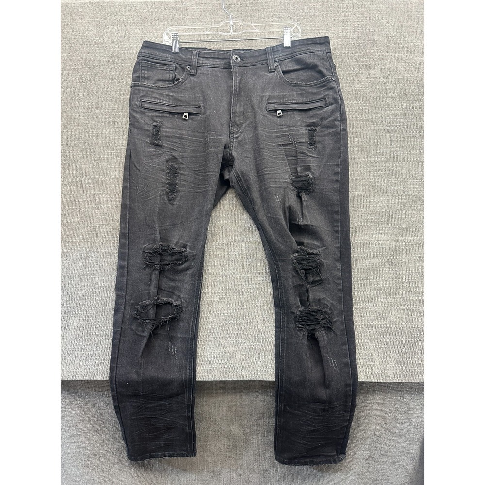 Makobi Rochester Coded Shredded Jeans Mens 38x32 Black Denim Stretch Dark Wash